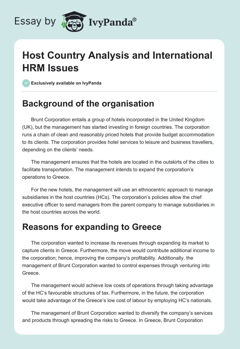 Host Country Analysis and International HRM Issues. Page 1