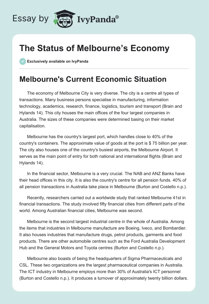 The Status of Melbourne’s Economy. Page 1
