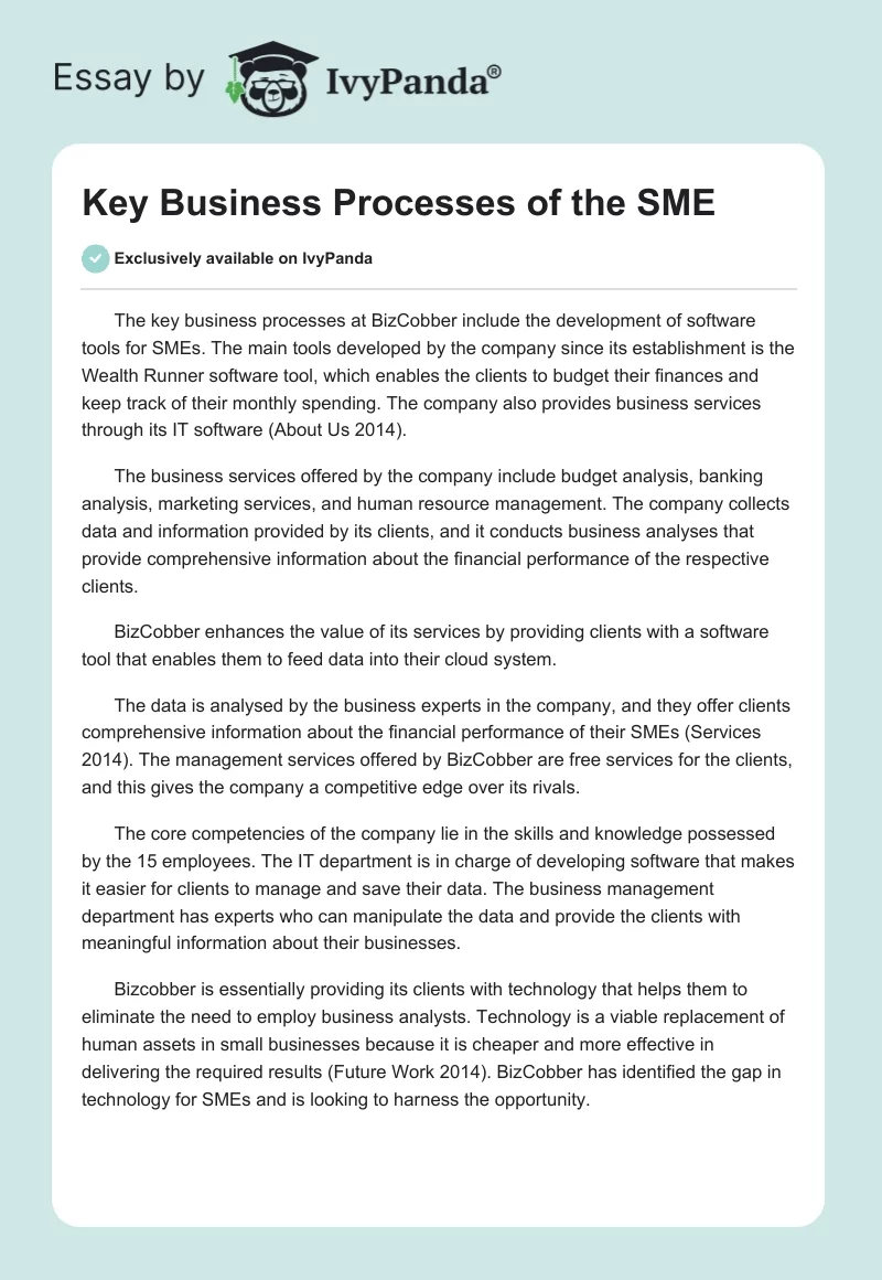 Key Business Processes of the SME. Page 1