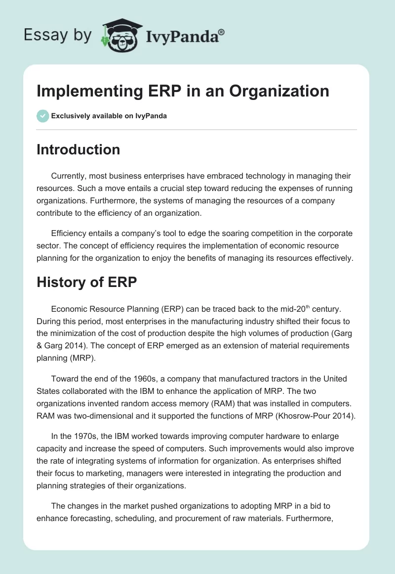 Implementing ERP in an Organization. Page 1