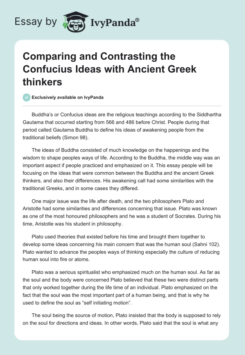 Comparing and Contrasting the Confucius Ideas With Ancient Greek Thinkers. Page 1