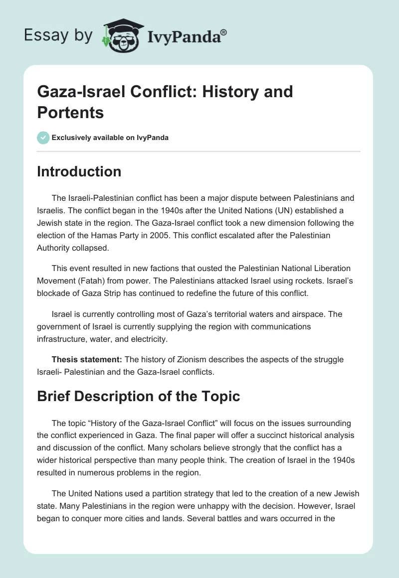 Gaza-Israel Conflict: History and Portents. Page 1