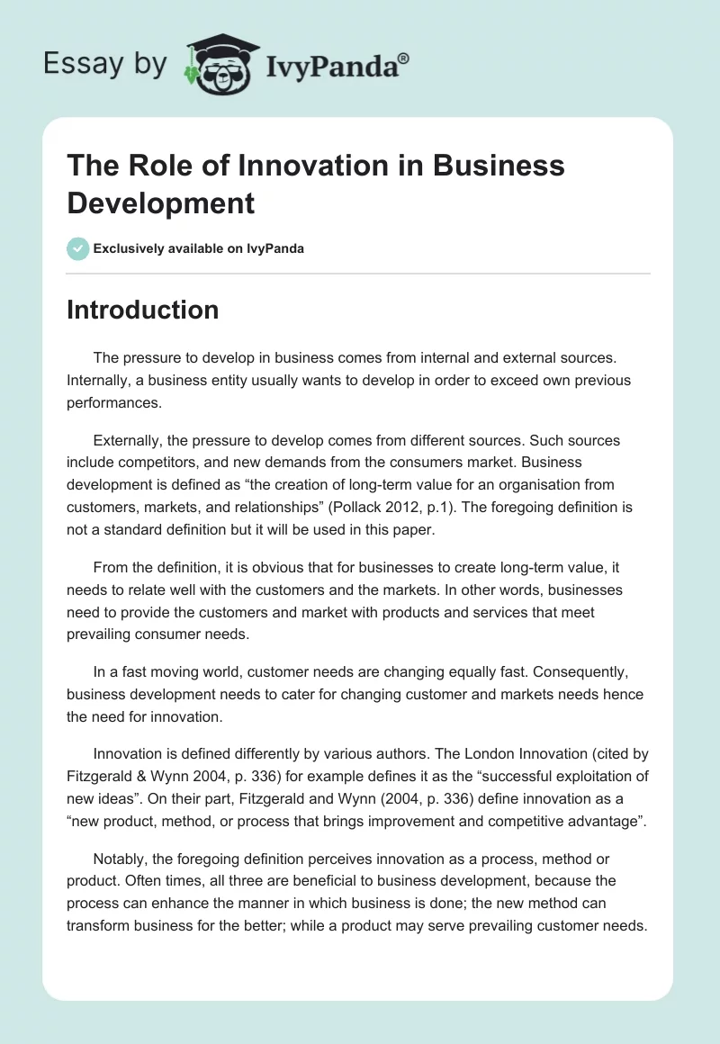 The Role of Innovation in Business Development. Page 1