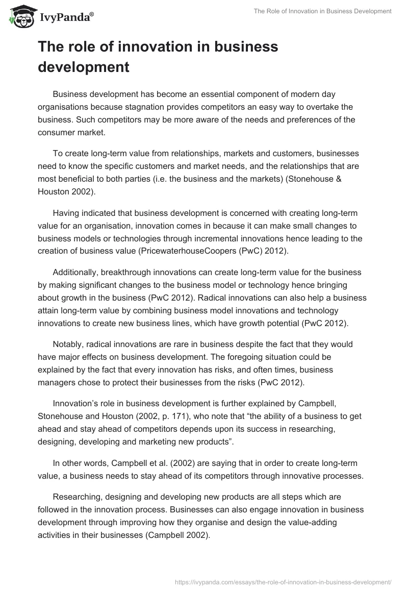 The Role of Innovation in Business Development. Page 2