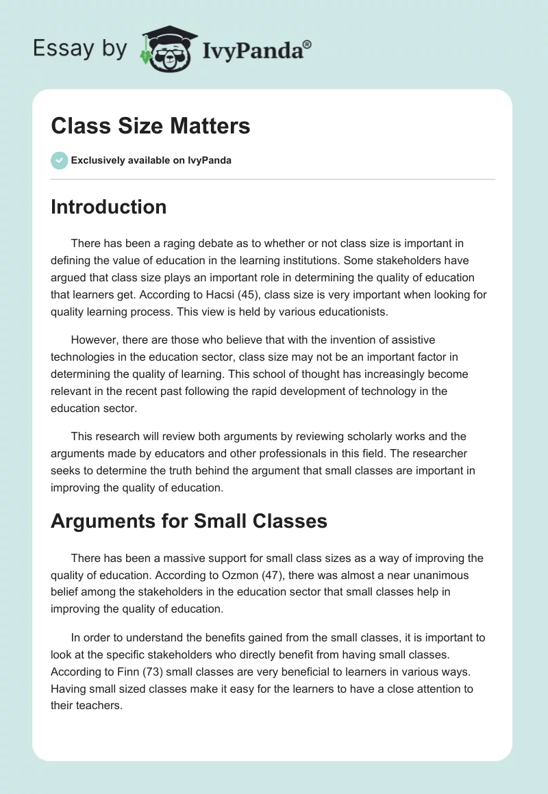 Class Size Matters - 1413 Words
