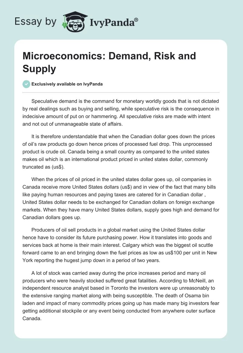 Microeconomics: Demand, Risk and Supply. Page 1
