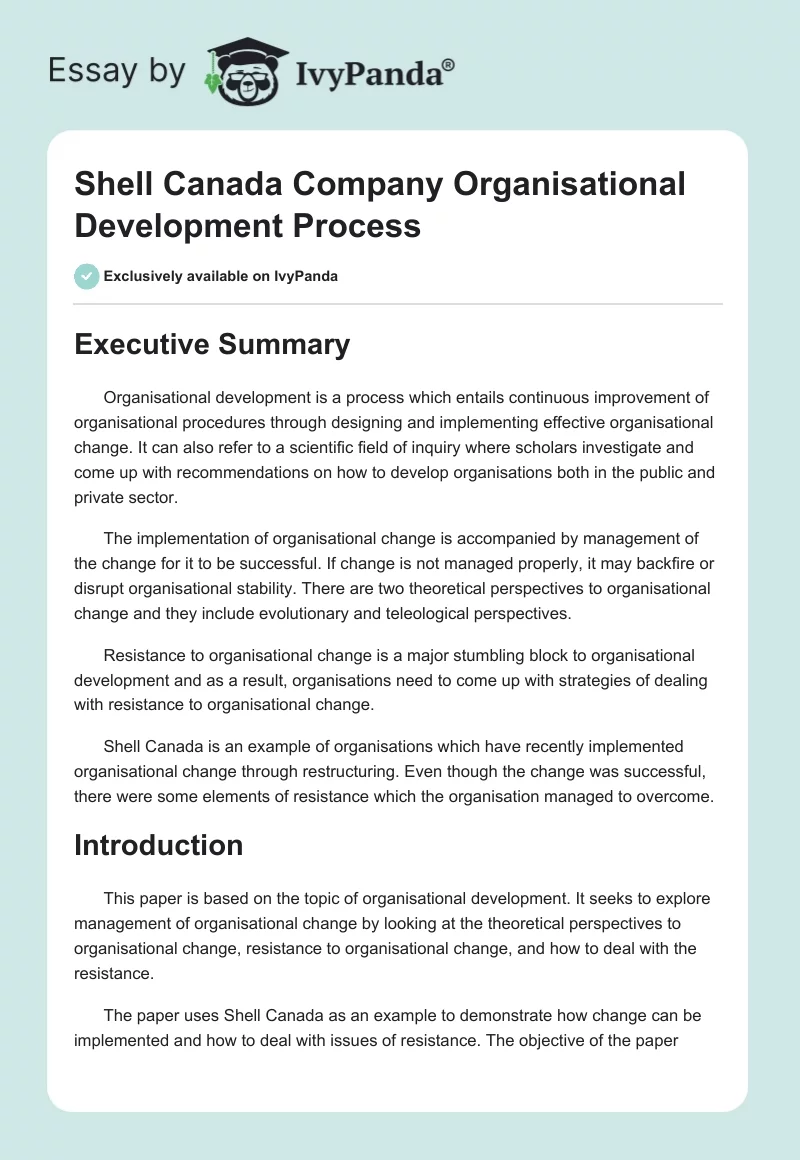 Shell Canada Company Organisational Development Process. Page 1