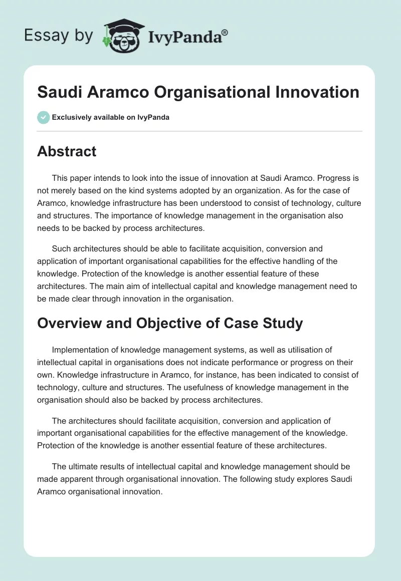 Saudi Aramco Organisational Innovation. Page 1