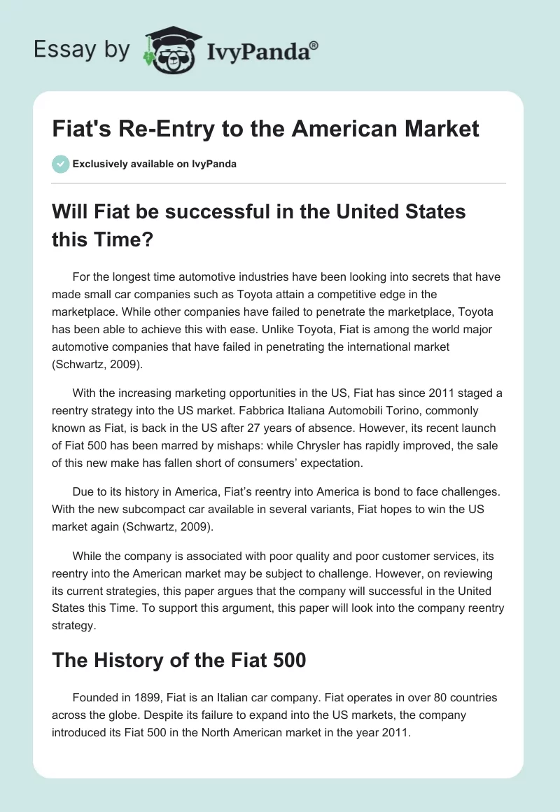Fiat's Re-Entry to the American Market. Page 1