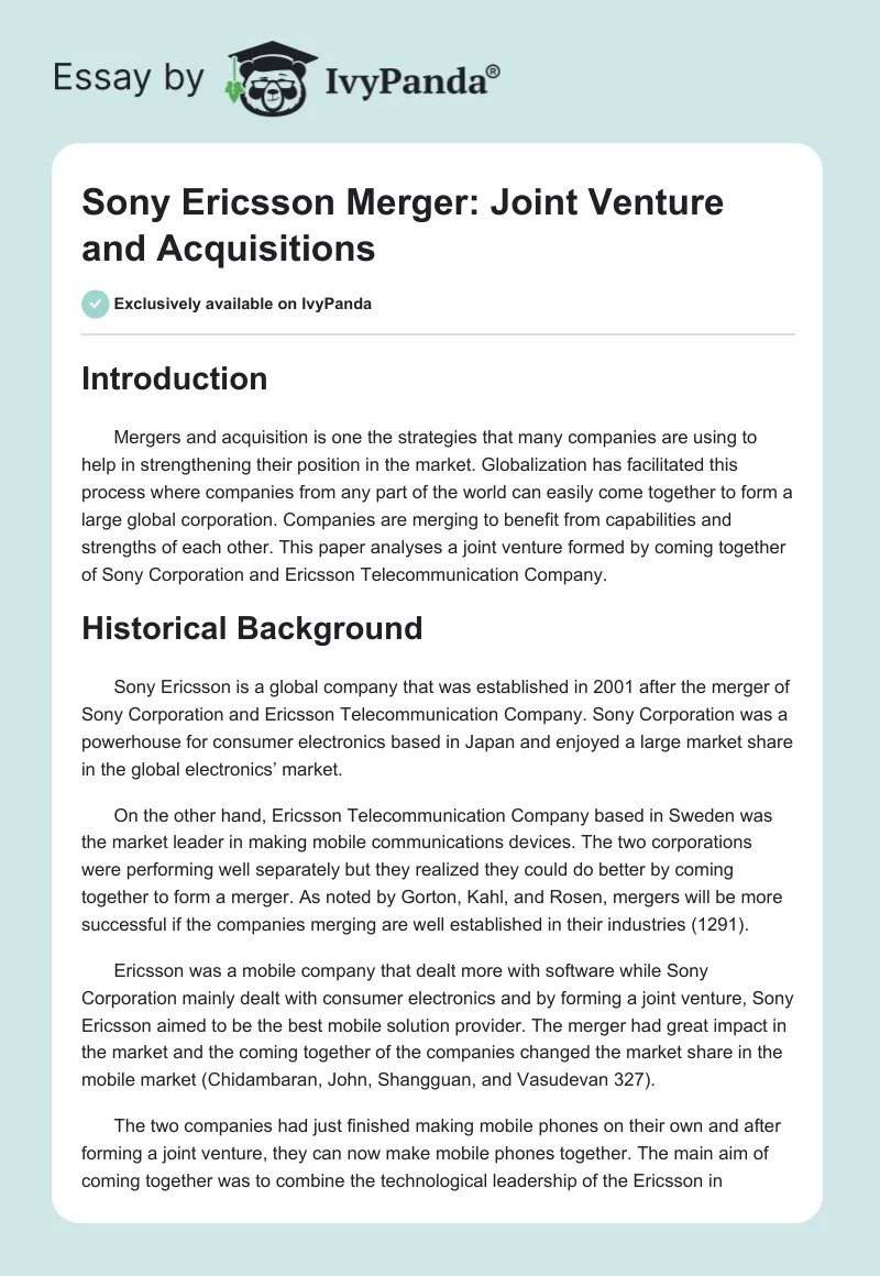 Sony Ericsson Merger: Joint Venture and Acquisitions. Page 1