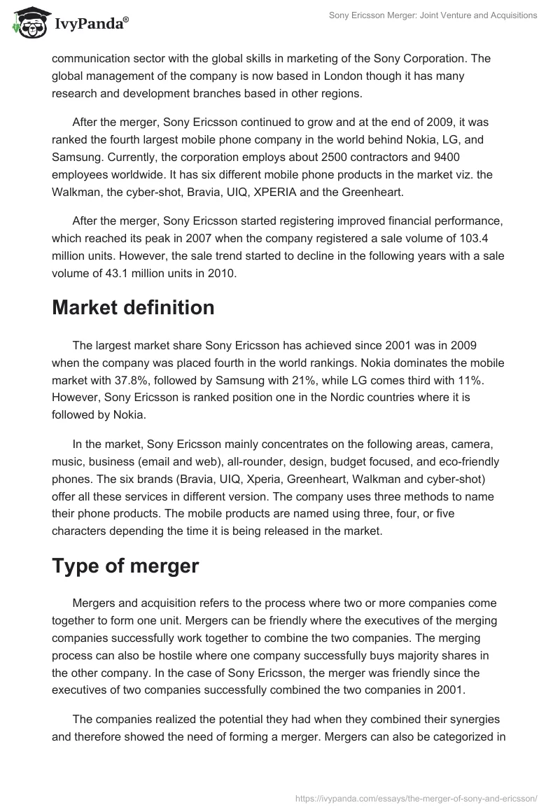 Sony Ericsson Merger: Joint Venture and Acquisitions. Page 2