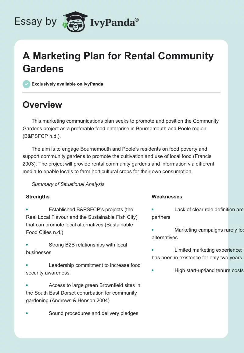 A Marketing Plan for Rental Community Gardens. Page 1