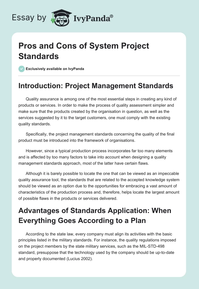 Pros and Cons of System Project Standards. Page 1