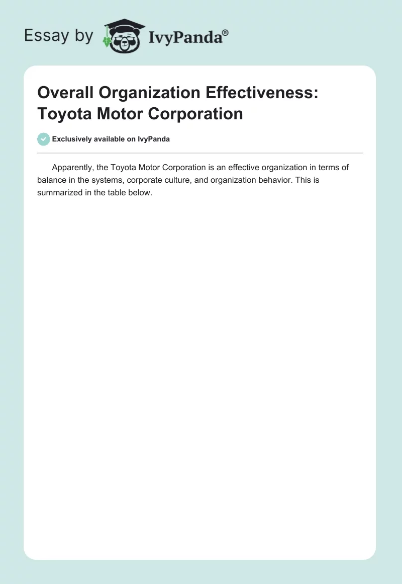 Overall Organization Effectiveness: Toyota Motor Corporation. Page 1
