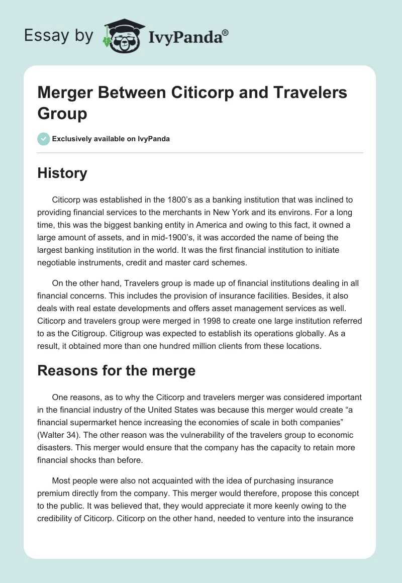 Merger Between Citicorp and Travelers Group. Page 1