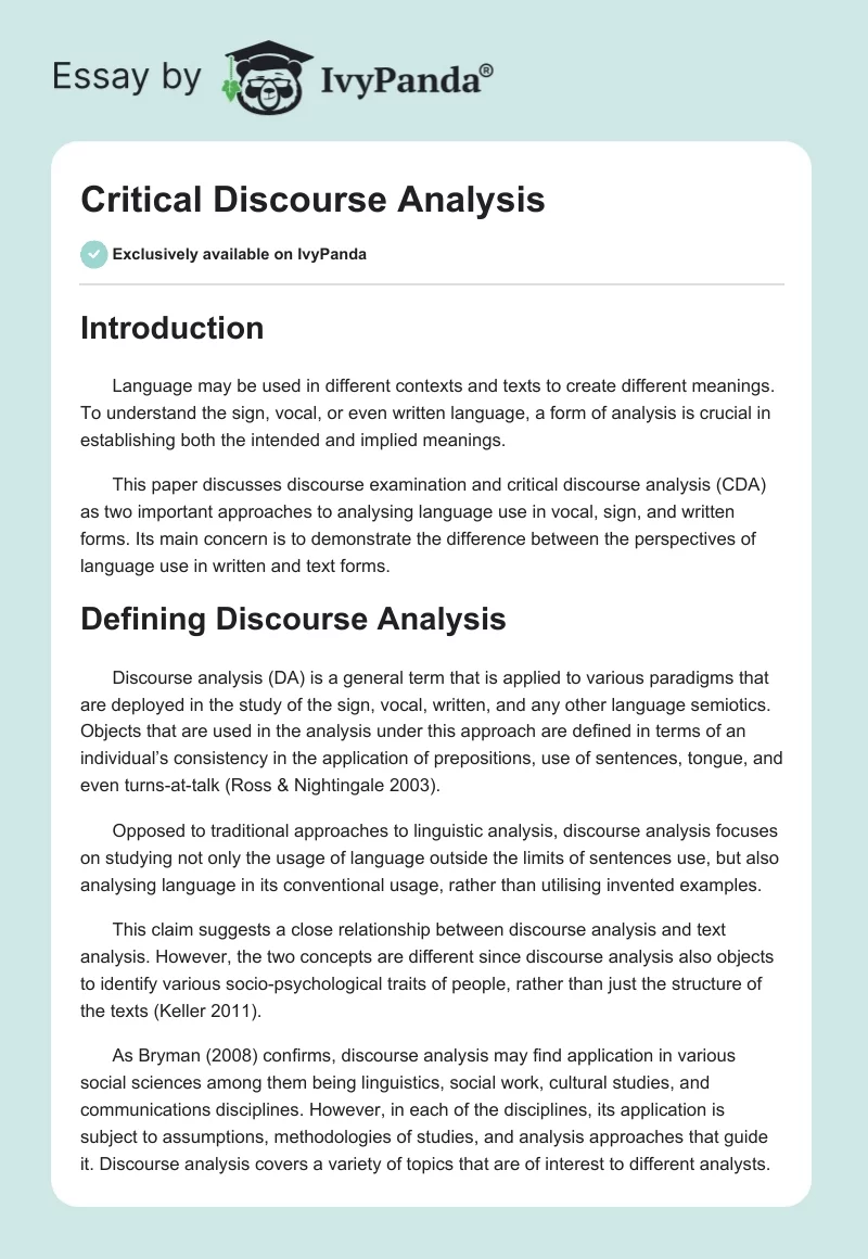 Critical Discourse Analysis. Page 1