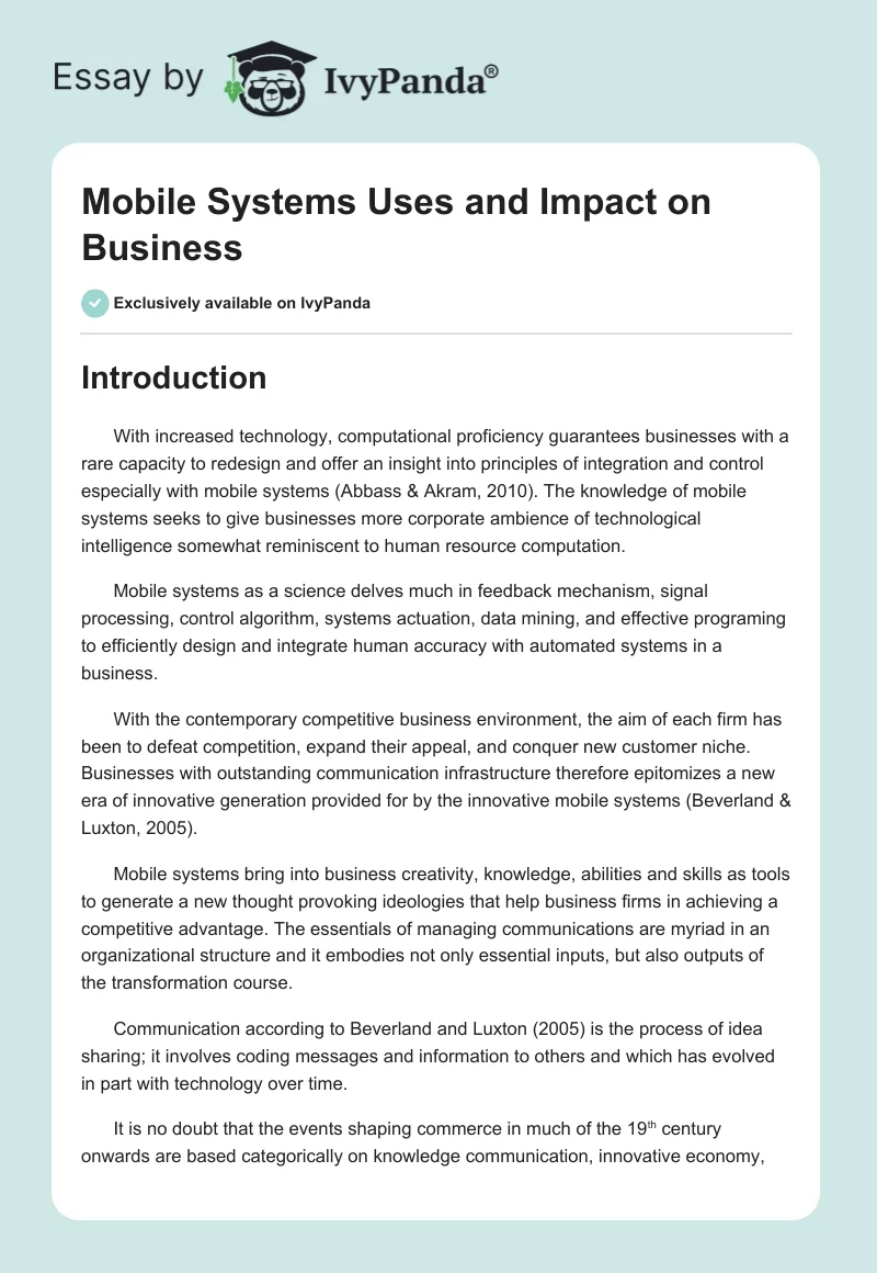 Mobile Systems Uses and Impact on Business. Page 1