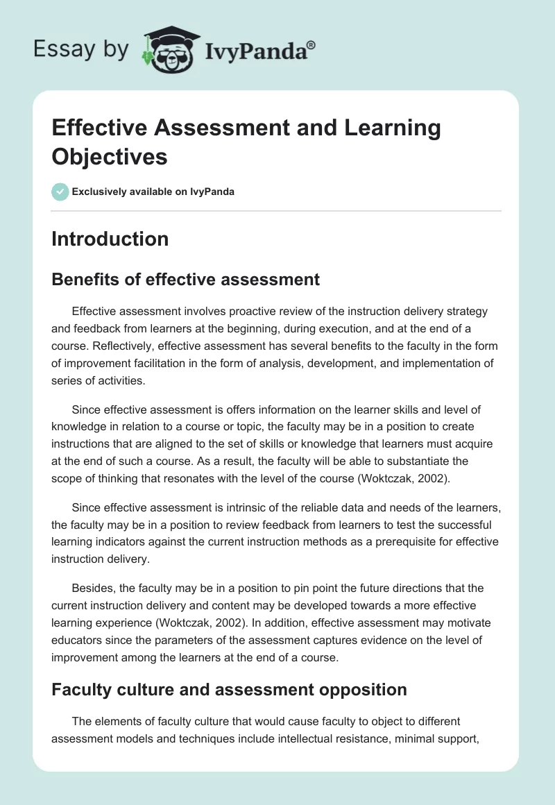 Effective Assessment and Learning Objectives. Page 1