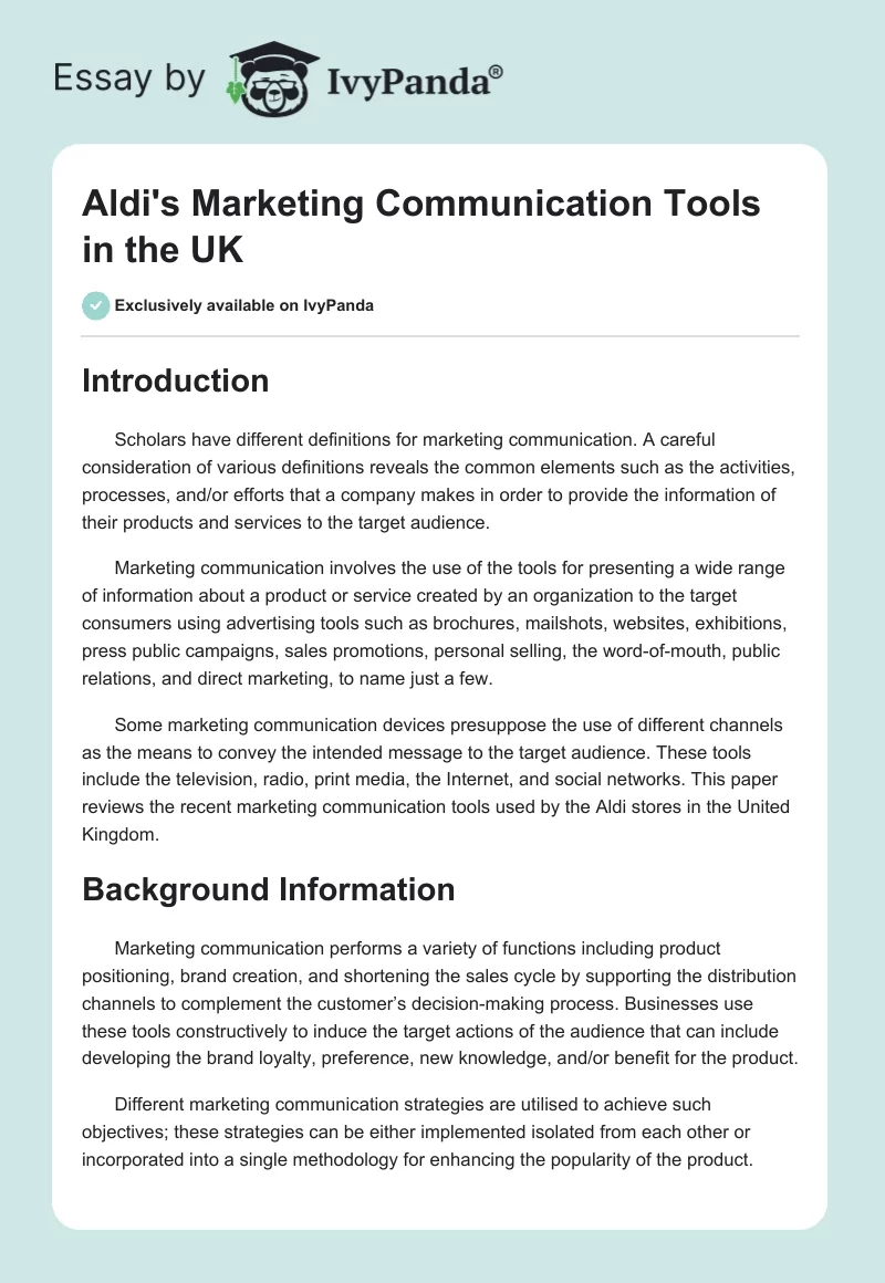 Aldi's Marketing Communication Tools in the UK. Page 1