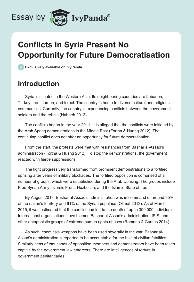 Conflicts in Syria Present No Opportunity for Future Democratization. Page 1