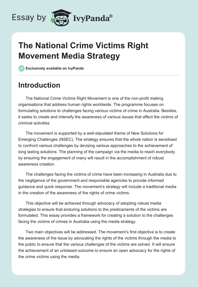 The National Crime Victims Right Movement Media Strategy. Page 1