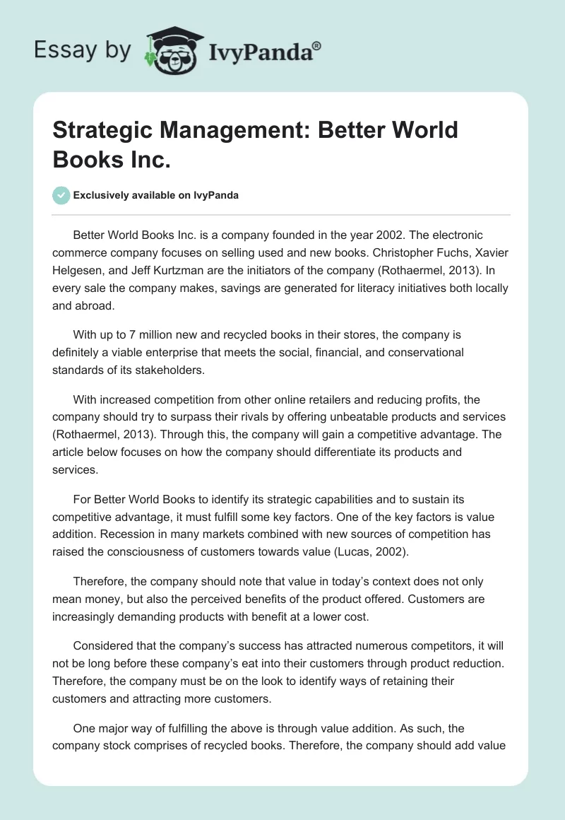 Strategic Management: Better World Books Inc.. Page 1