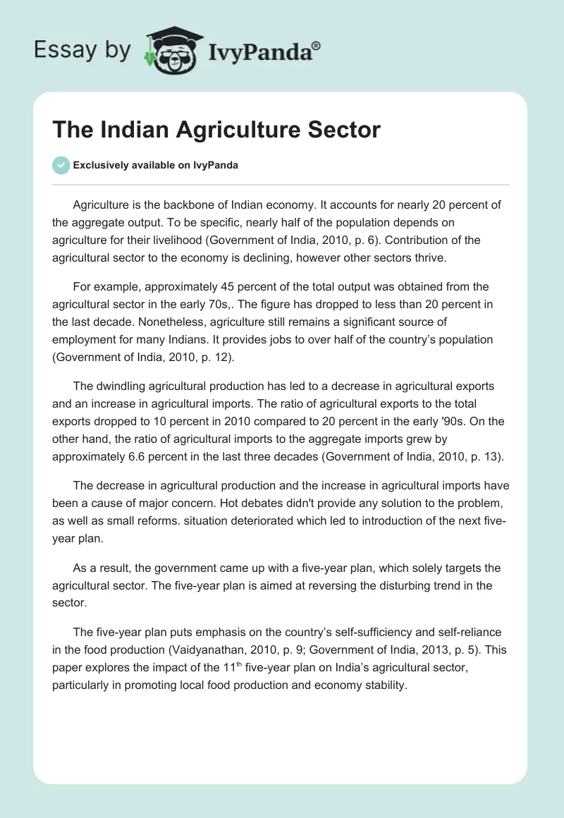 The Indian Agriculture Sector. Page 1