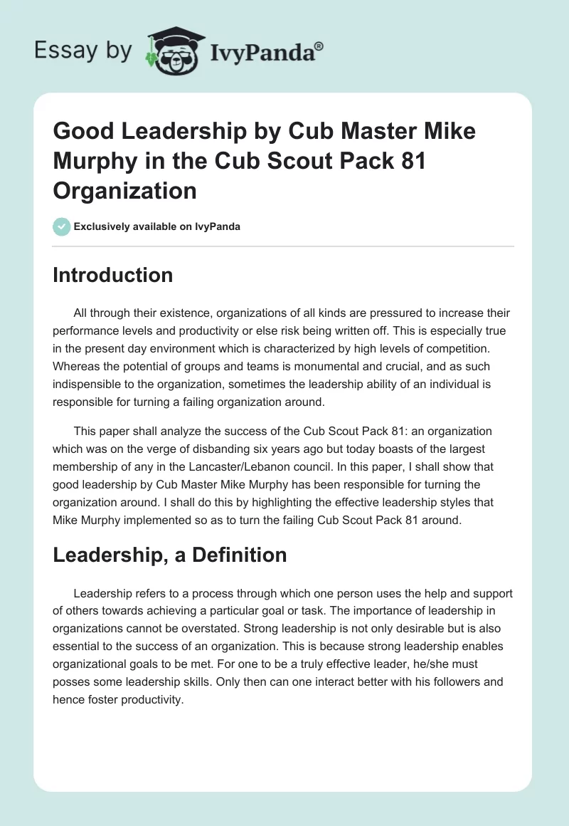 Good Leadership by Cub Master Mike Murphy in the Cub Scout Pack 81 Organization. Page 1