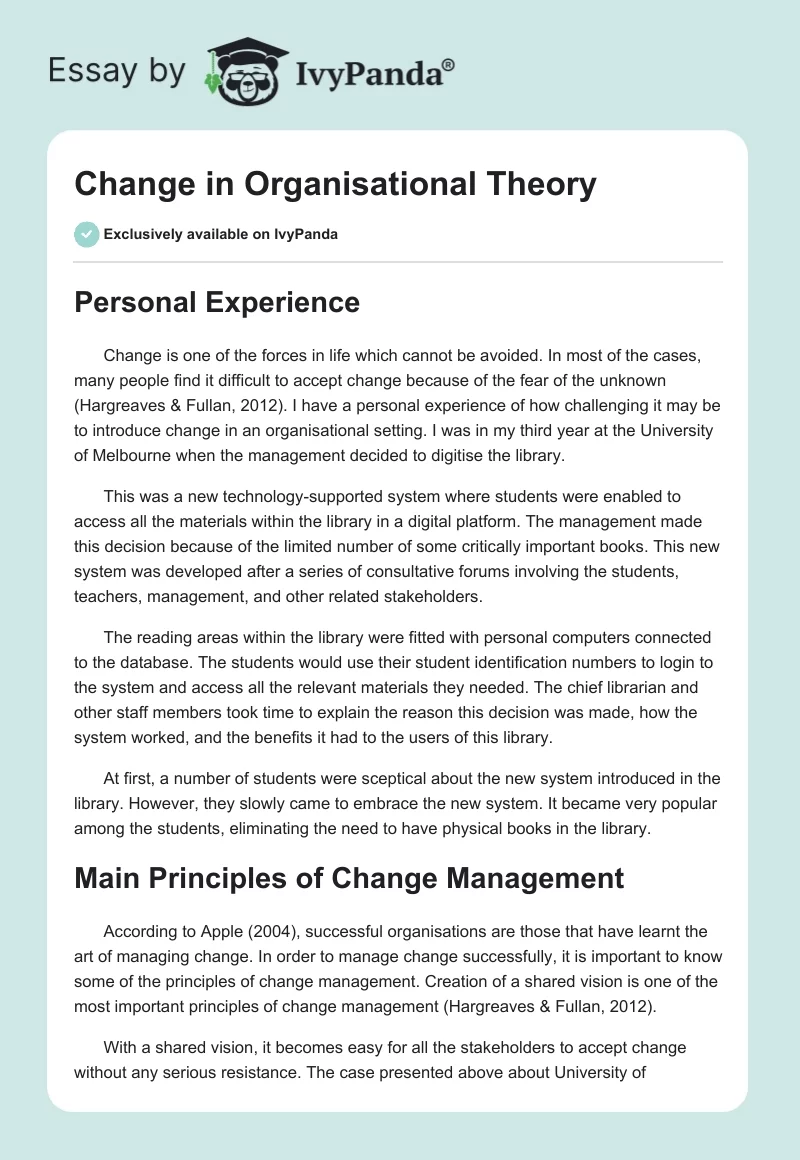 Change in Organisational Theory. Page 1