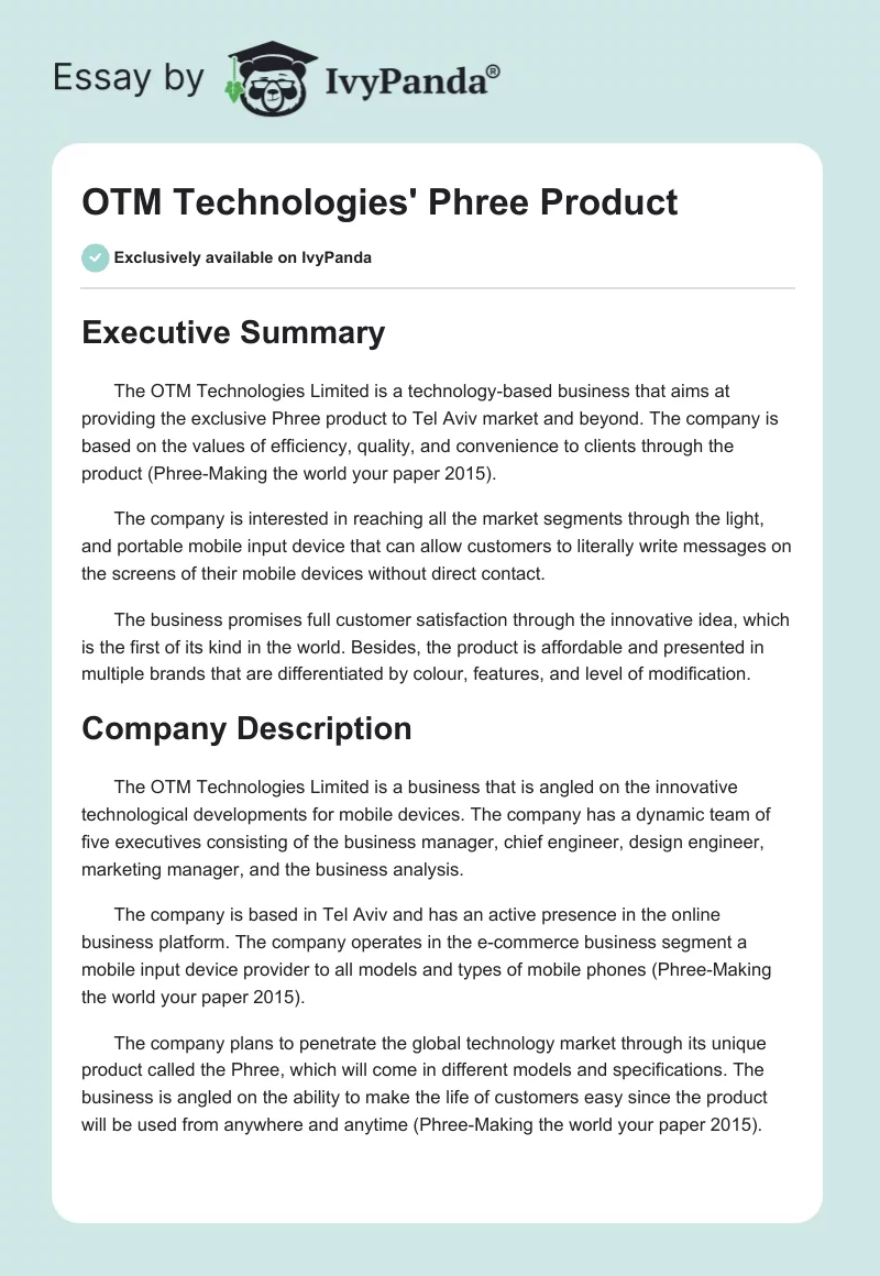 OTM Technologies' Phree Product. Page 1