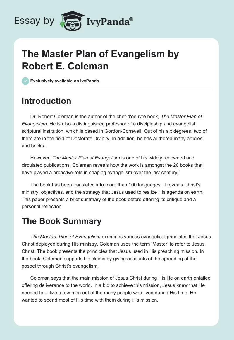 The Master Plan of Evangelism by Robert E. Coleman. Page 1