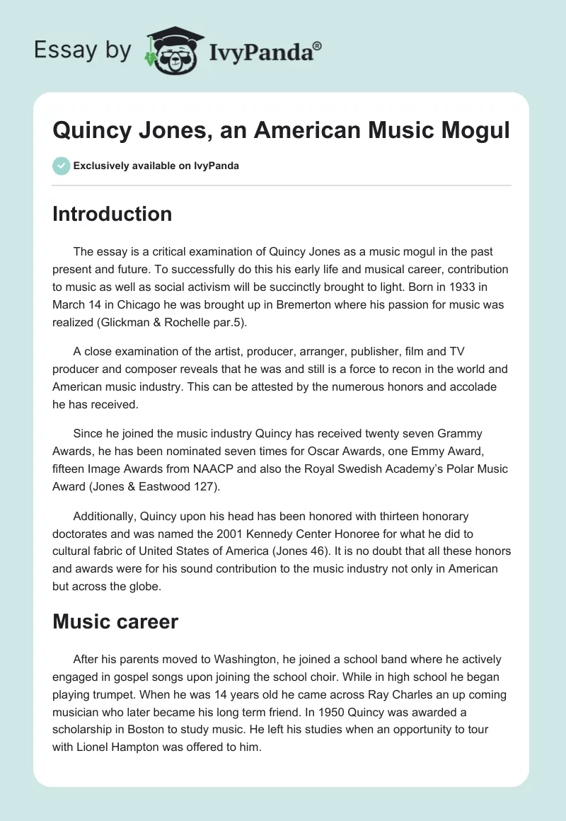 Quincy Jones, an American Music Mogul. Page 1