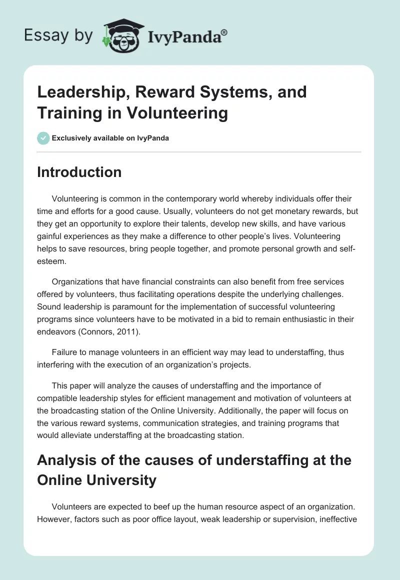 Leadership, Reward Systems, and Training in Volunteering. Page 1