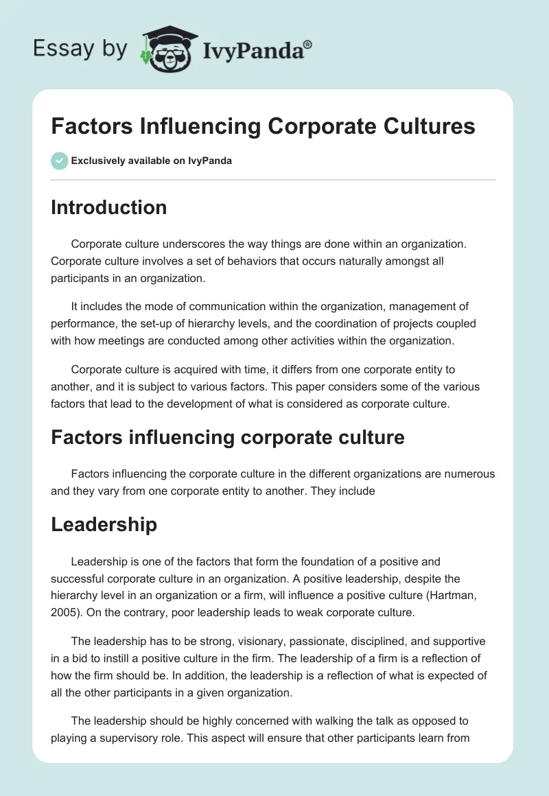 Factors Influencing Corporate Cultures. Page 1