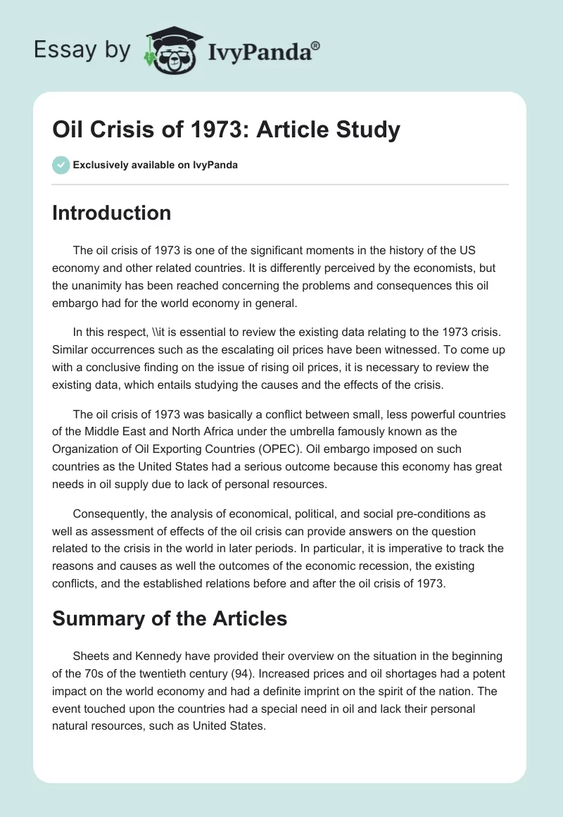 Oil Crisis of 1973: Article Study. Page 1