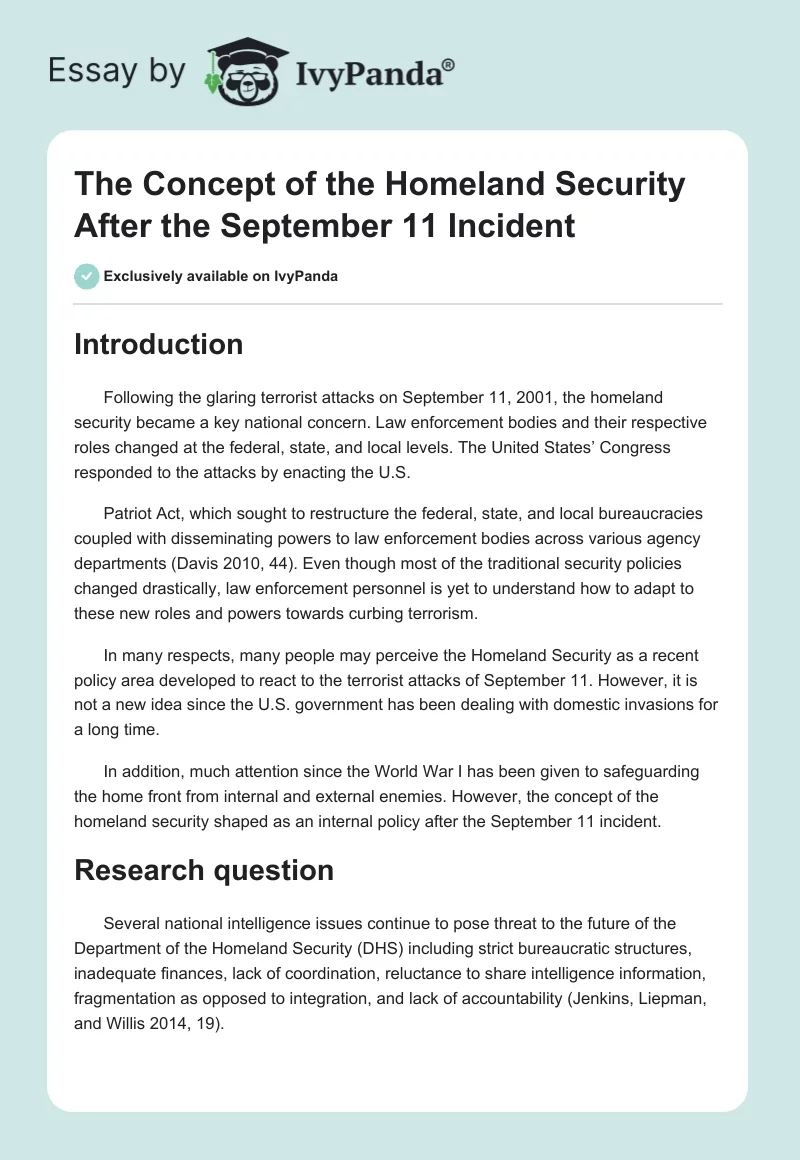 The Concept of the Homeland Security After the September 11 Incident. Page 1