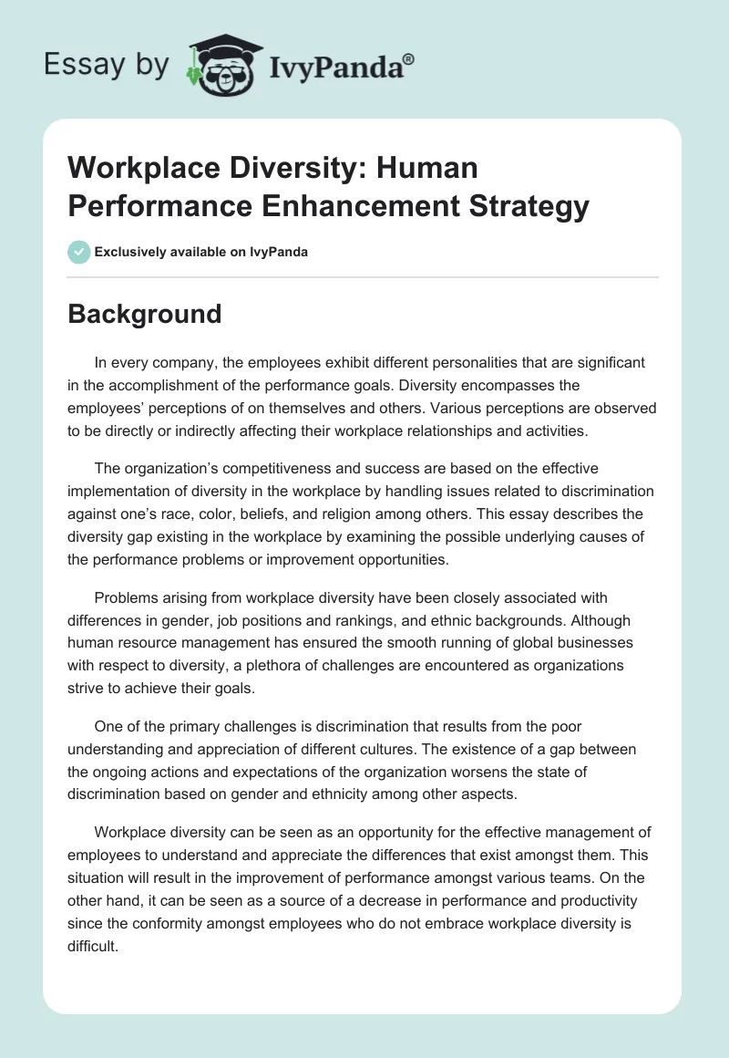 Workplace Diversity: Human Performance Enhancement Strategy. Page 1