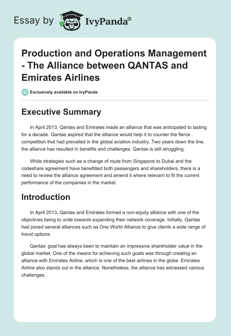 Production and Operations Management - The Alliance Between QANTAS and Emirates Airlines. Page 1