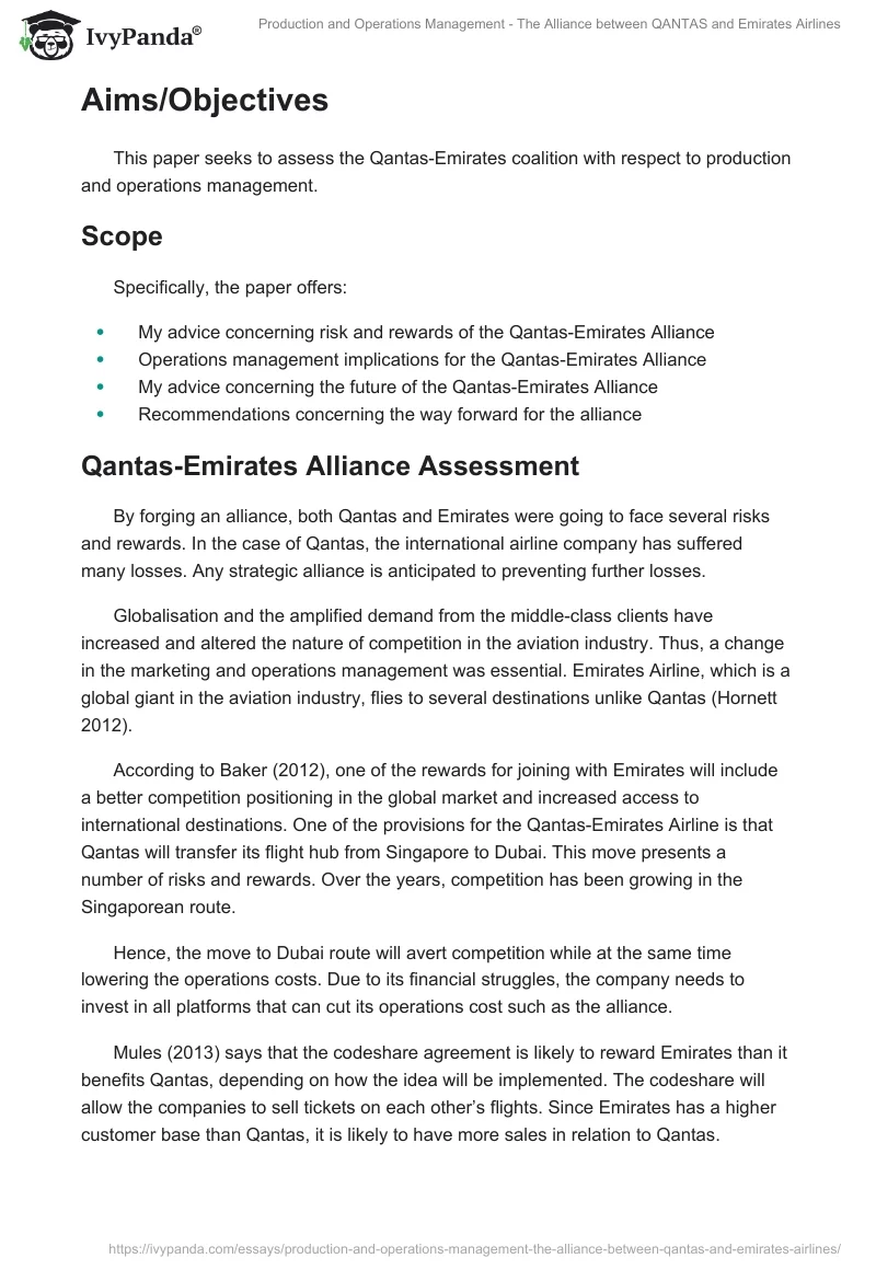 Production and Operations Management - The Alliance Between QANTAS and Emirates Airlines. Page 2