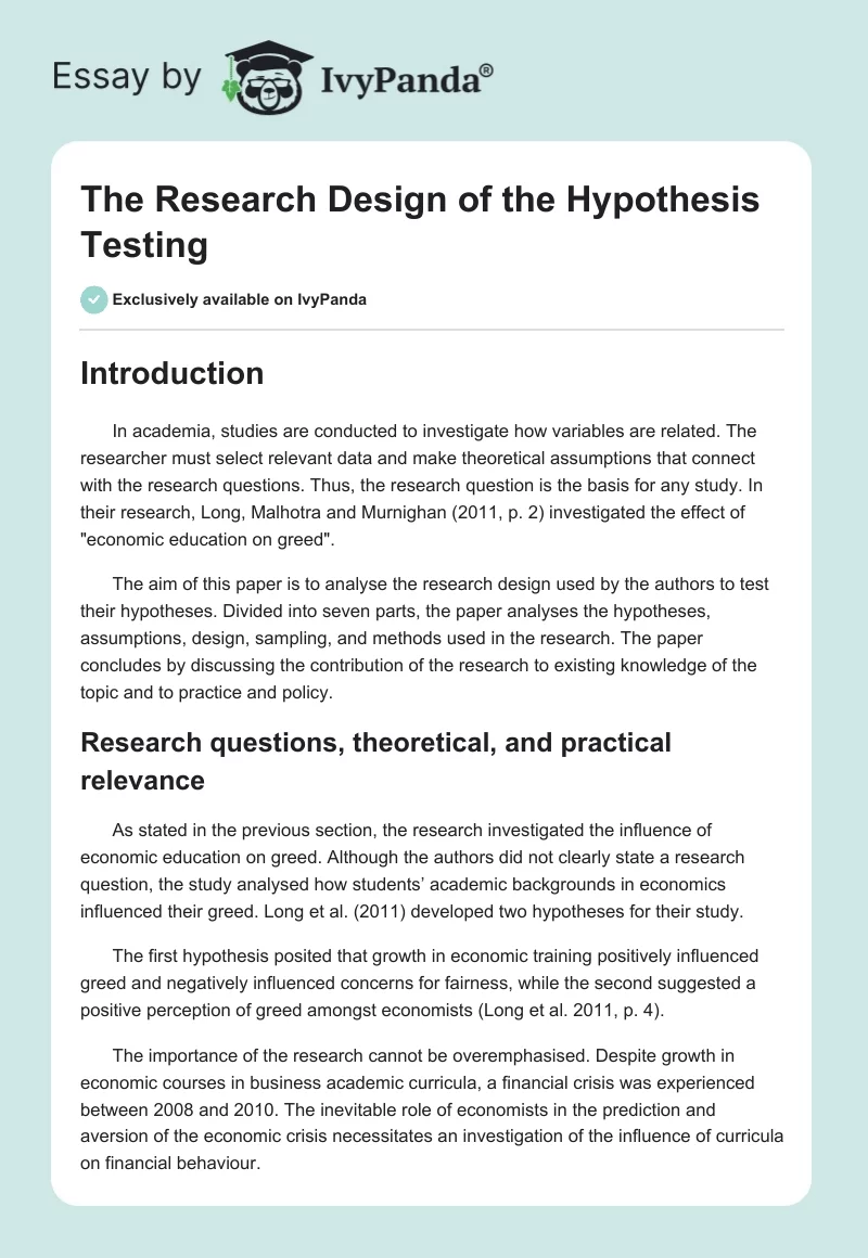 The Research Design of the Hypothesis Testing. Page 1