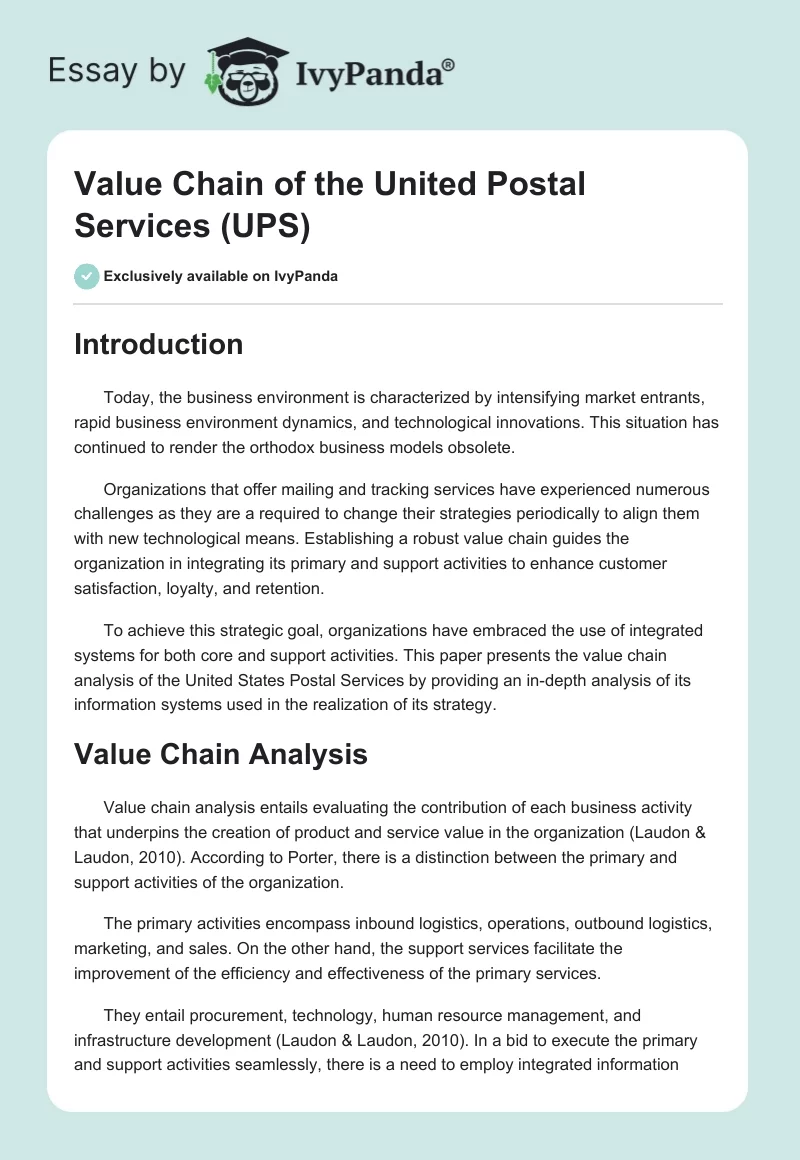 Value Chain of the United Postal Services (UPS). Page 1