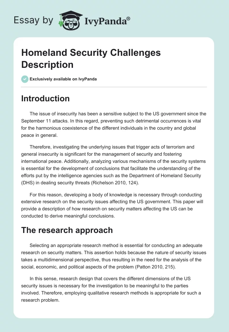 Homeland Security Challenges Description. Page 1