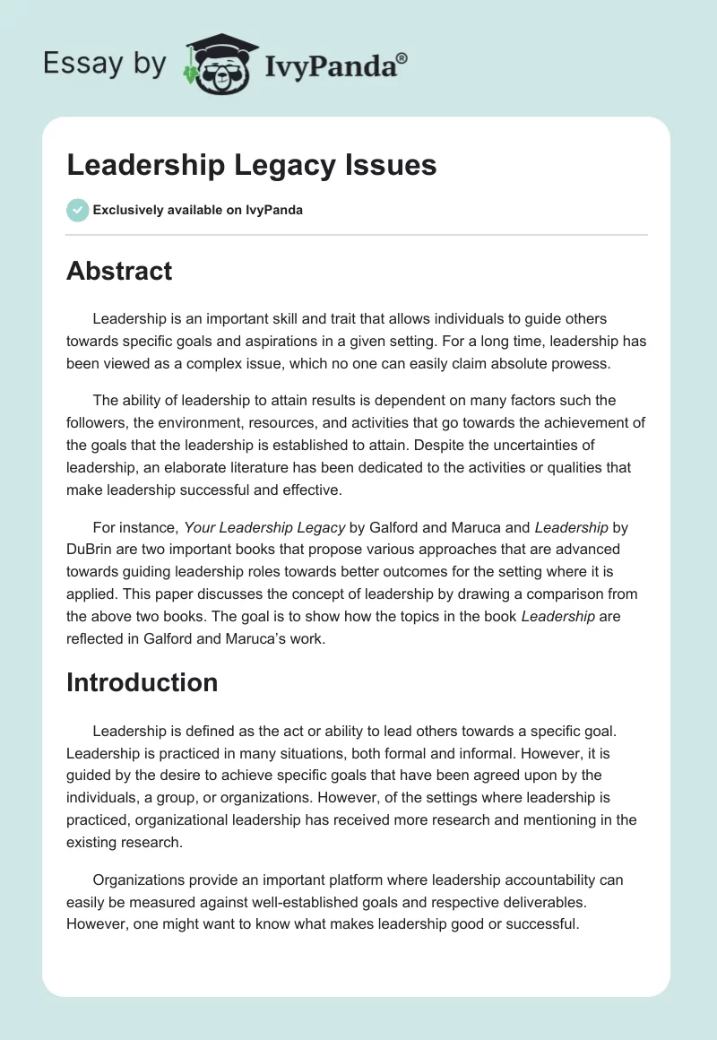 Leadership Legacy Issues. Page 1