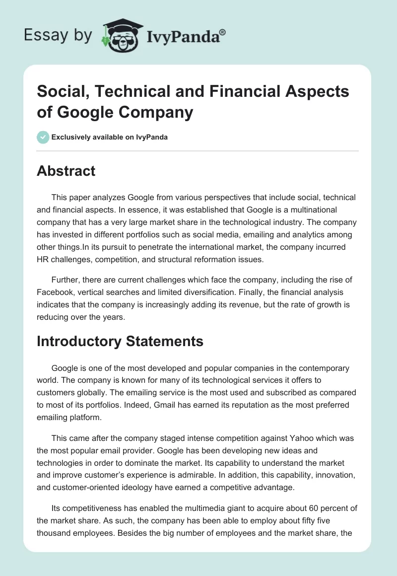 Social, Technical and Financial Aspects of Google Company. Page 1
