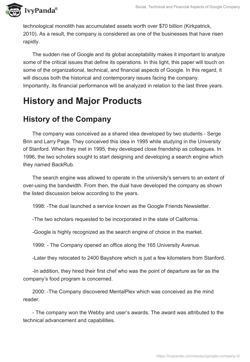Social, Technical and Financial Aspects of Google Company. Page 2