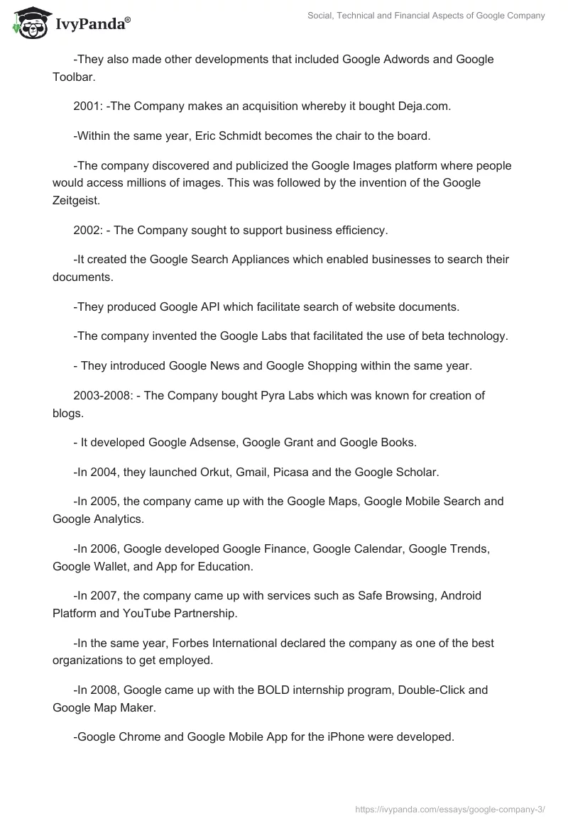 Social, Technical and Financial Aspects of Google Company. Page 3