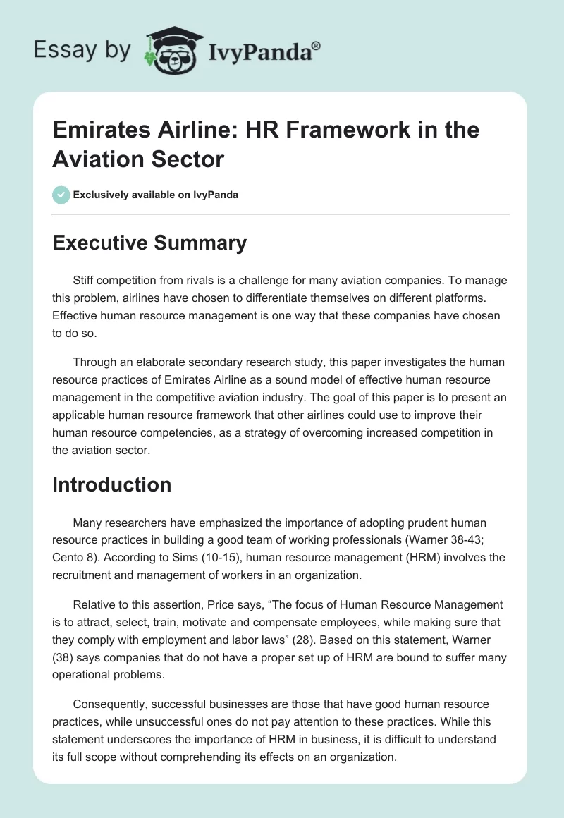 Emirates Airline: HR Framework in the Aviation Sector. Page 1