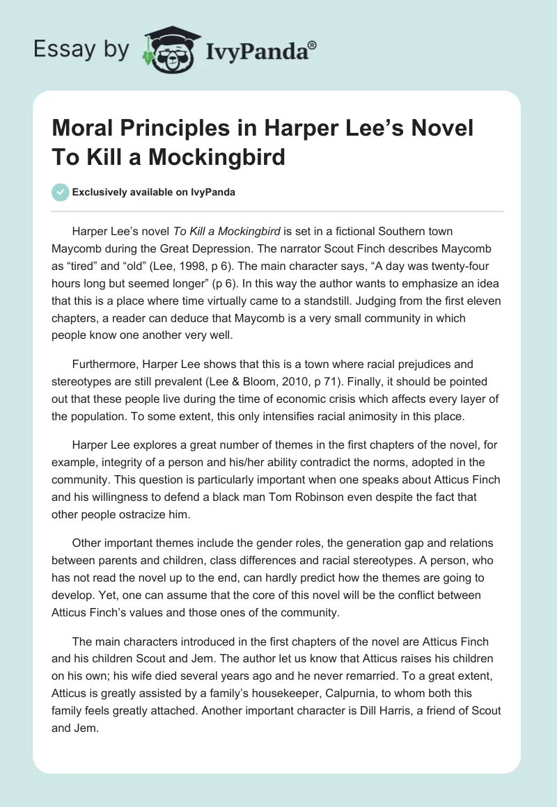 Moral Principles in Harper Lee’s Novel To Kill a Mockingbird. Page 1