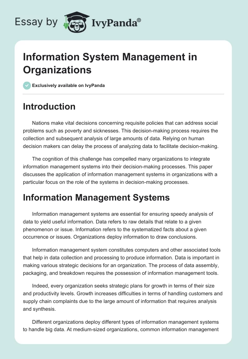 Information System Management in Organizations. Page 1