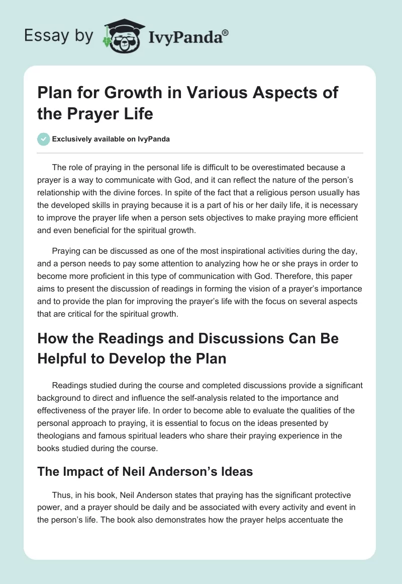 Plan for Growth in Various Aspects of the Prayer Life. Page 1